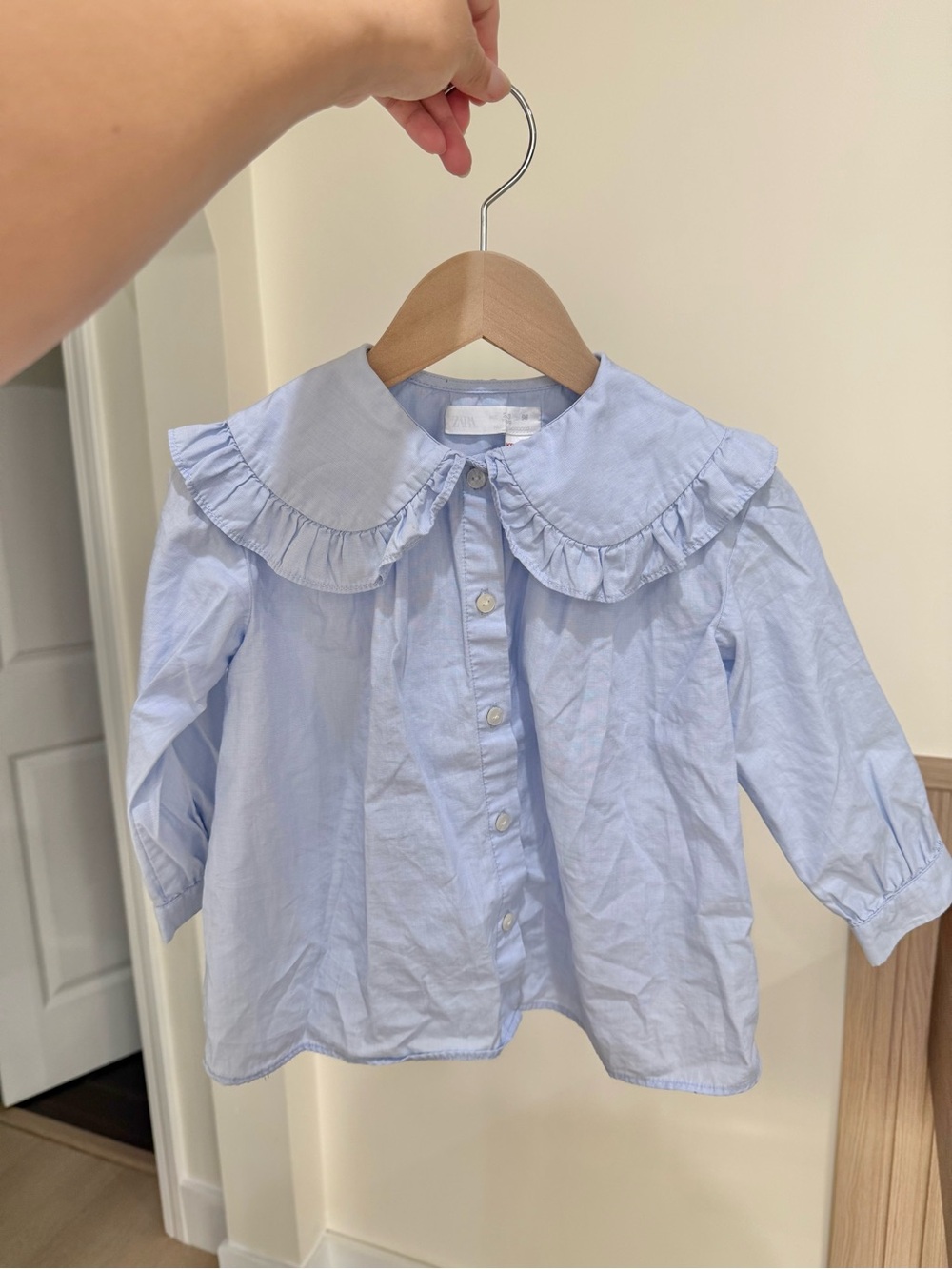 Zara Blue Ruffle Collar Button-Up Blouse
